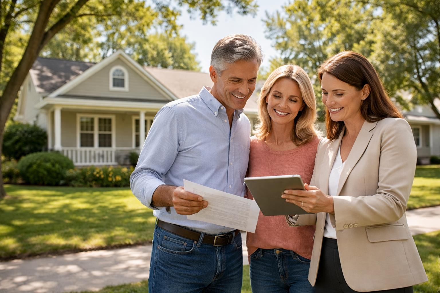 sell an inherited house in Iowa - family meeting with real estate agent outside an Iowa home