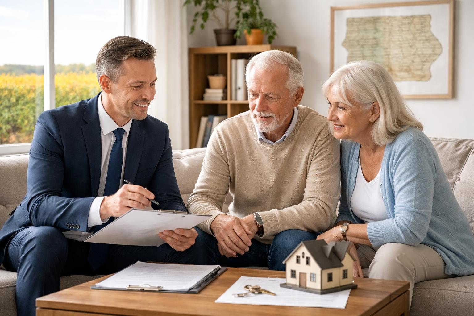 A real estate agent discussing documents with an elderly couple in a bright living room, with house keys and a model on the table.