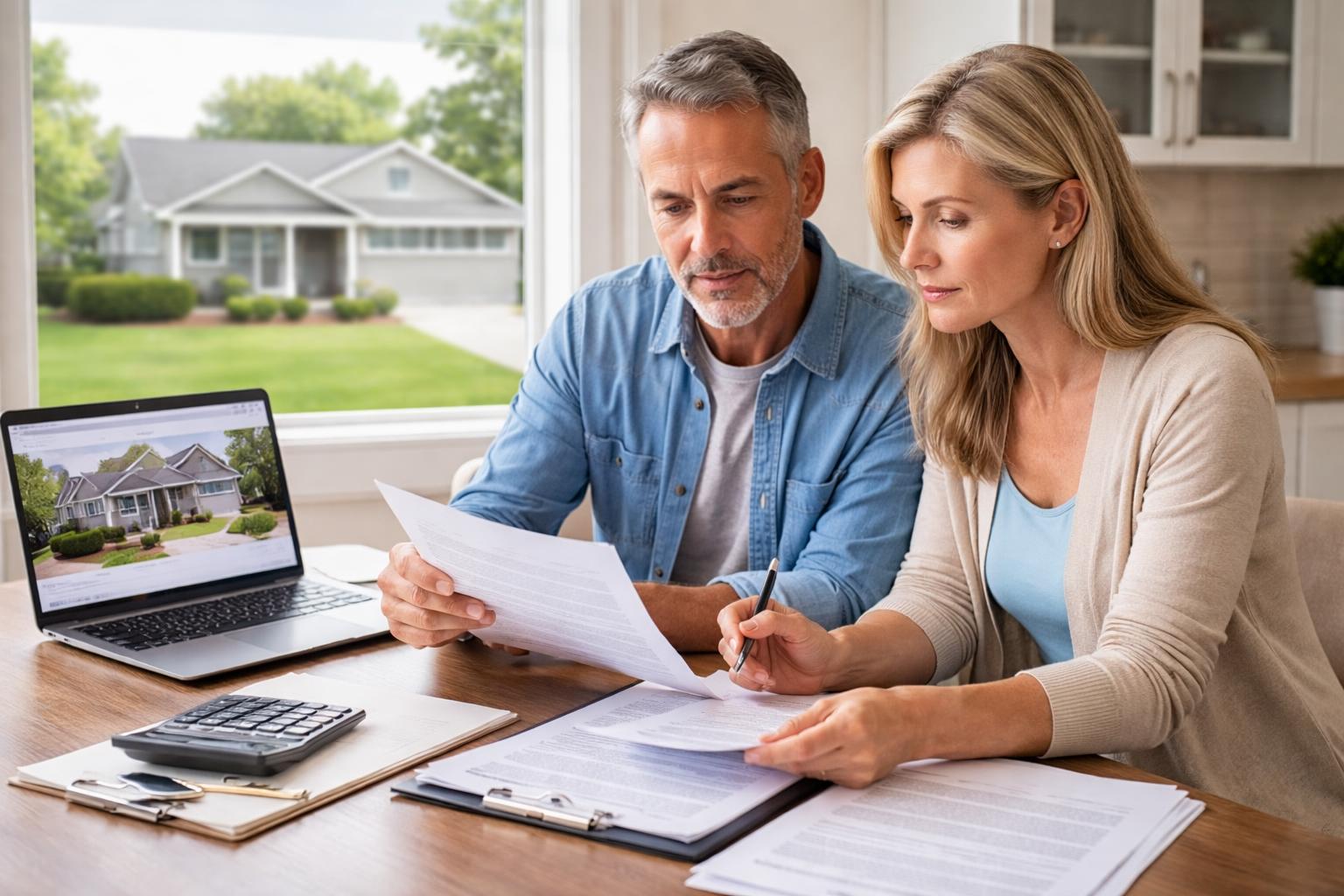 A couple sitting at a kitchen table reviewing documents with a laptop, with a suburban house visible outside the window.