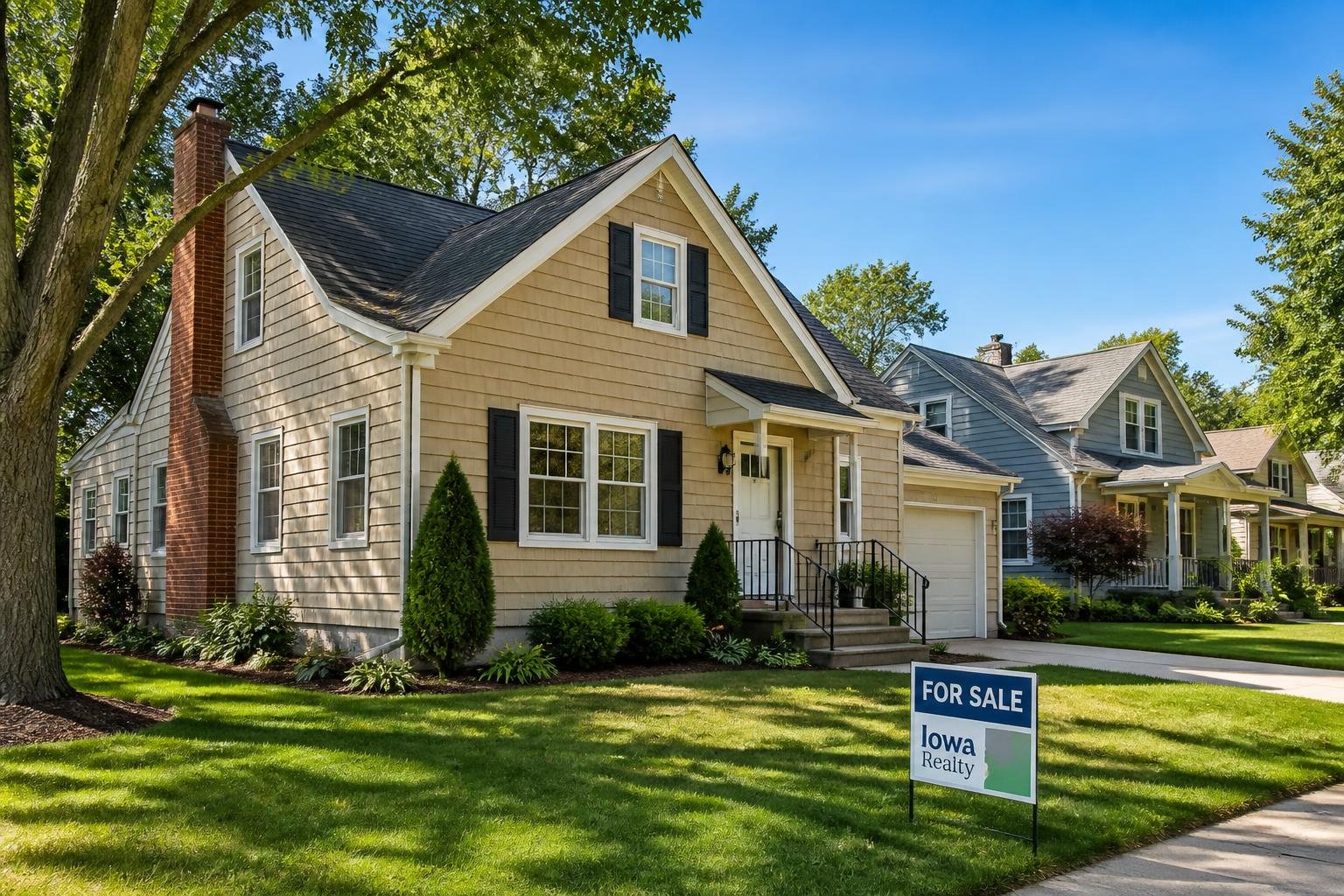 vacant home insurance Iowa - a quiet suburban house with For Sale sign representing an inherited Iowa property